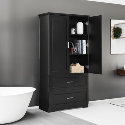 Tall Bathroom Storage Cabinet, Cabinet with Two Doors and Drawers, Adjustable Shelf, MDF Board, Black - Korvel