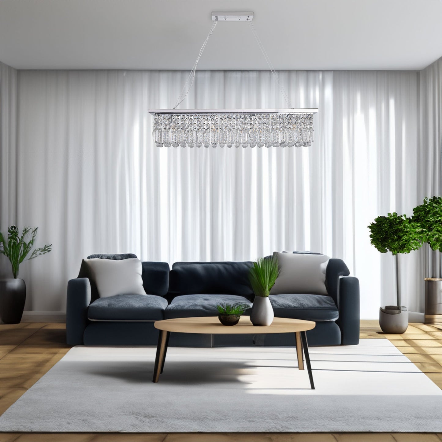 Modern Crystal Chandelier for Dining Room 8-Light White Rectangle Raindrop L39.4'' x W9.8'' x H8.7'(Bulb Not Included) - Korvel