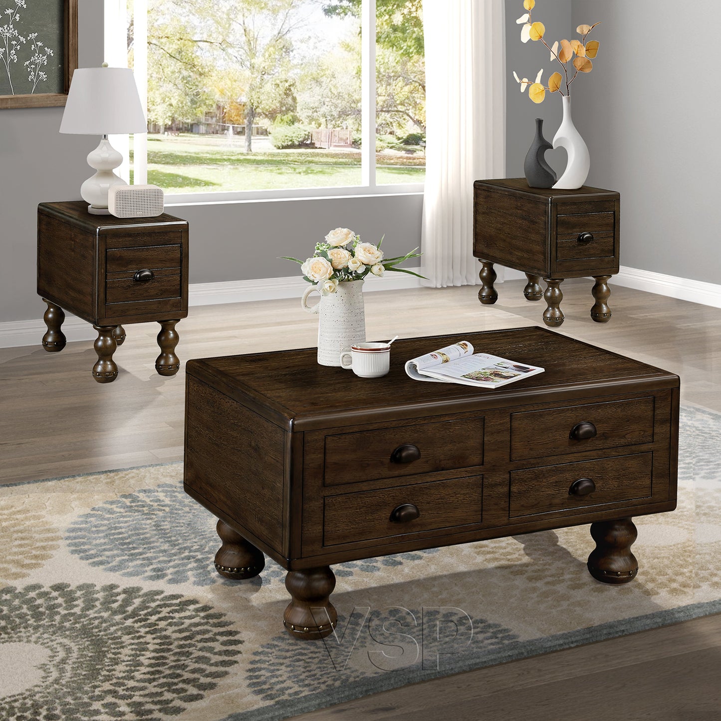 Solid wood end table, rectangular 23.6 inch narrow edge table with drawers, vintage bedside table, Espresso - Korvel