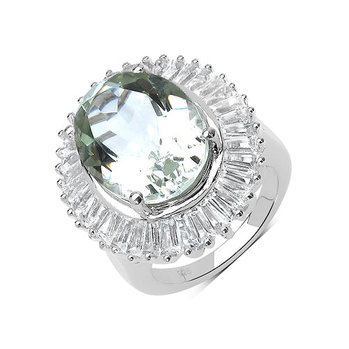 Anillo de Plata Esterlina con Amatista Verde de 11.14 Quilates y Topacio Blanco