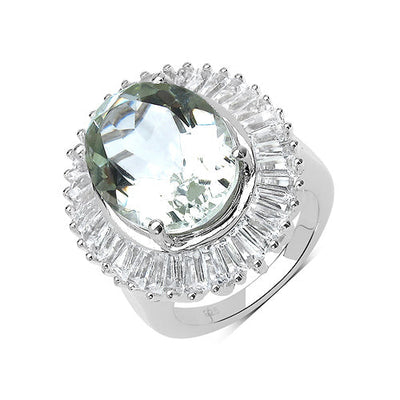 Anillo de Plata Esterlina con Amatista Verde de 11.14 Quilates y Topacio Blanco