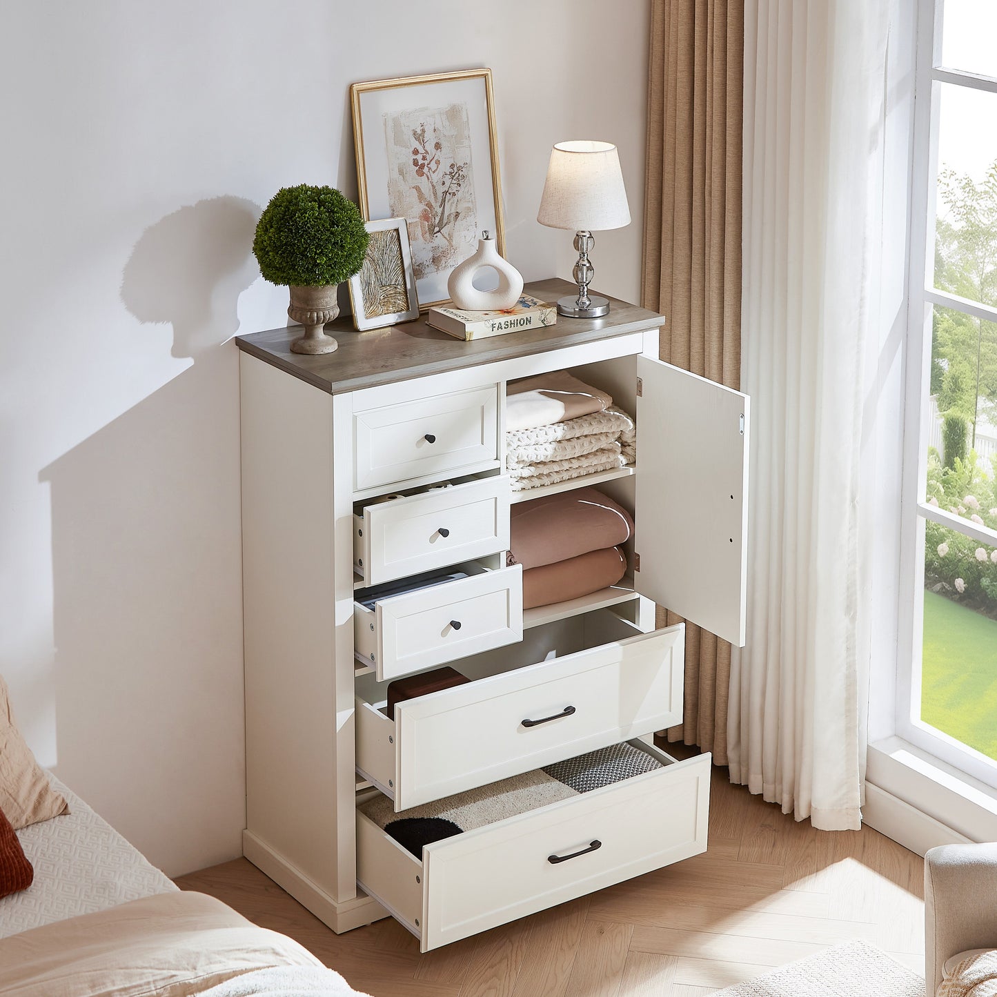 Commode 5 Tiroirs Élégante Ferme en Blanc