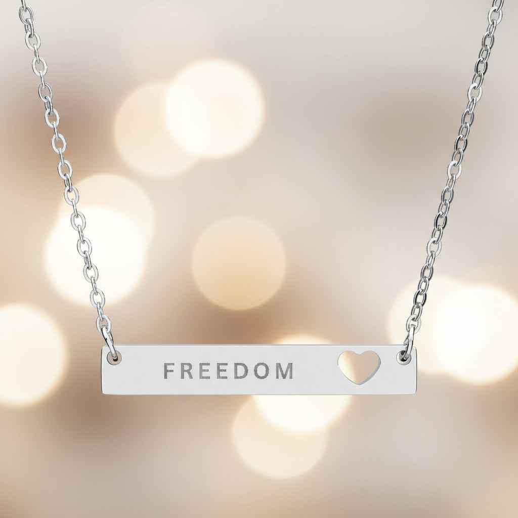 Engraved Freedom Cutout Heart Bar Necklace