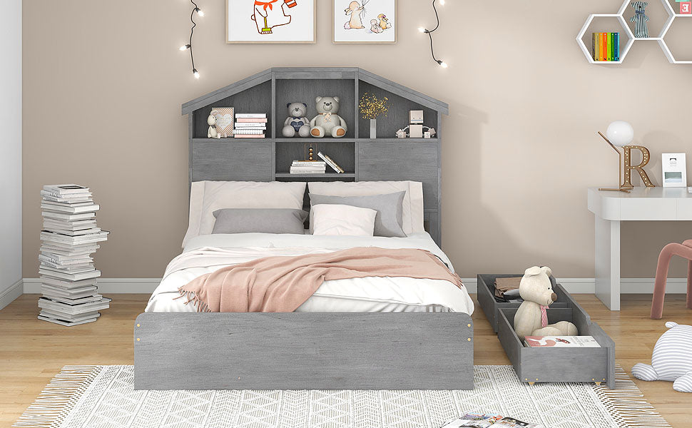 Full Size Wood Platform Bed with Storage Headboard - Gray