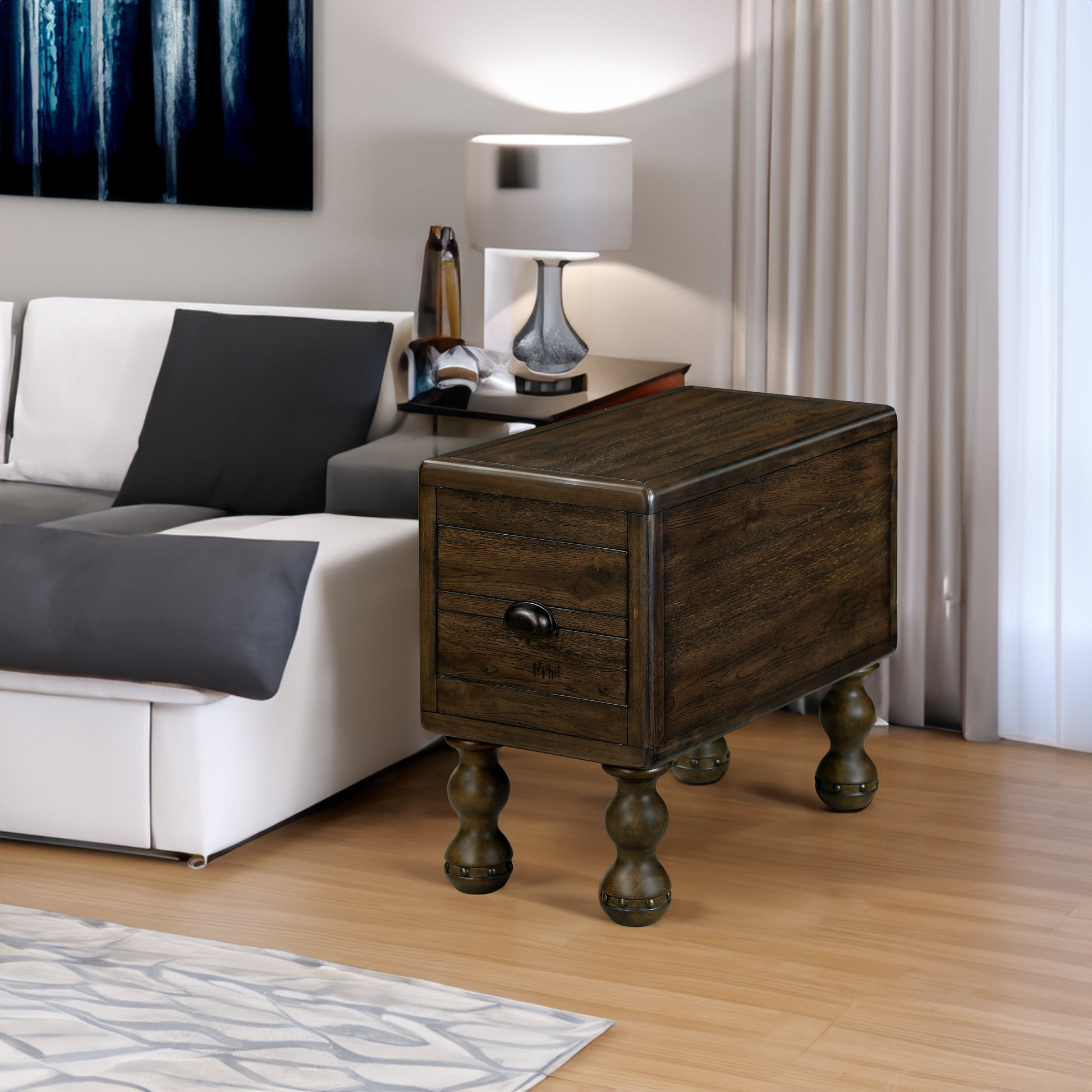 Solid wood end table, rectangular 23.6 inch narrow edge table with drawers, vintage bedside table, Espresso - Korvel