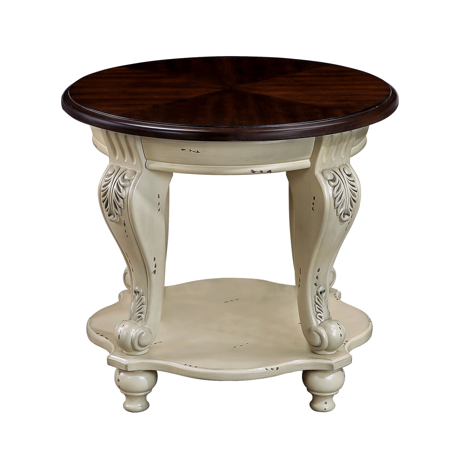 22 inch dual tone round head table, solid wood sofa side table with shelf, white and cherry tabletop - Korvel