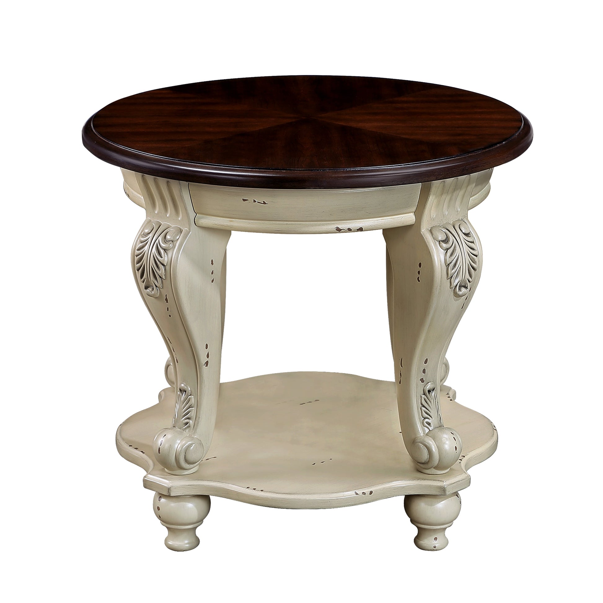 22 inch dual tone round head table, solid wood sofa side table with shelf, white and cherry tabletop - Korvel