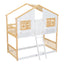 Twin over Twin House Bunk Bed with Roof , Window, Window Box, Door , with Safety Guardrails and Ladder, Natural/White - Korvel
