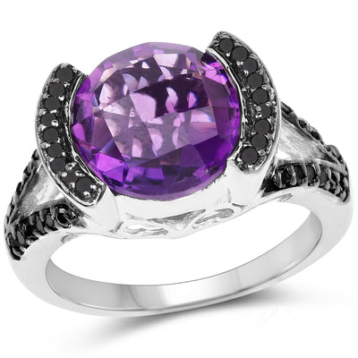 Bague en argent sterling avec améthyste de 3,24 carats et diamants noirs