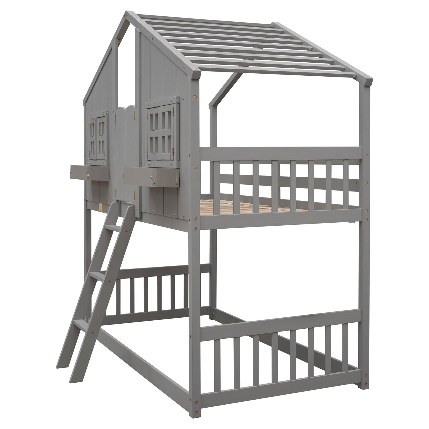 Twin over Twin House Bunk Bed with Roof , Window, Window Box, Door , with Safety Guardrails and Ladder, Grey - Korvel