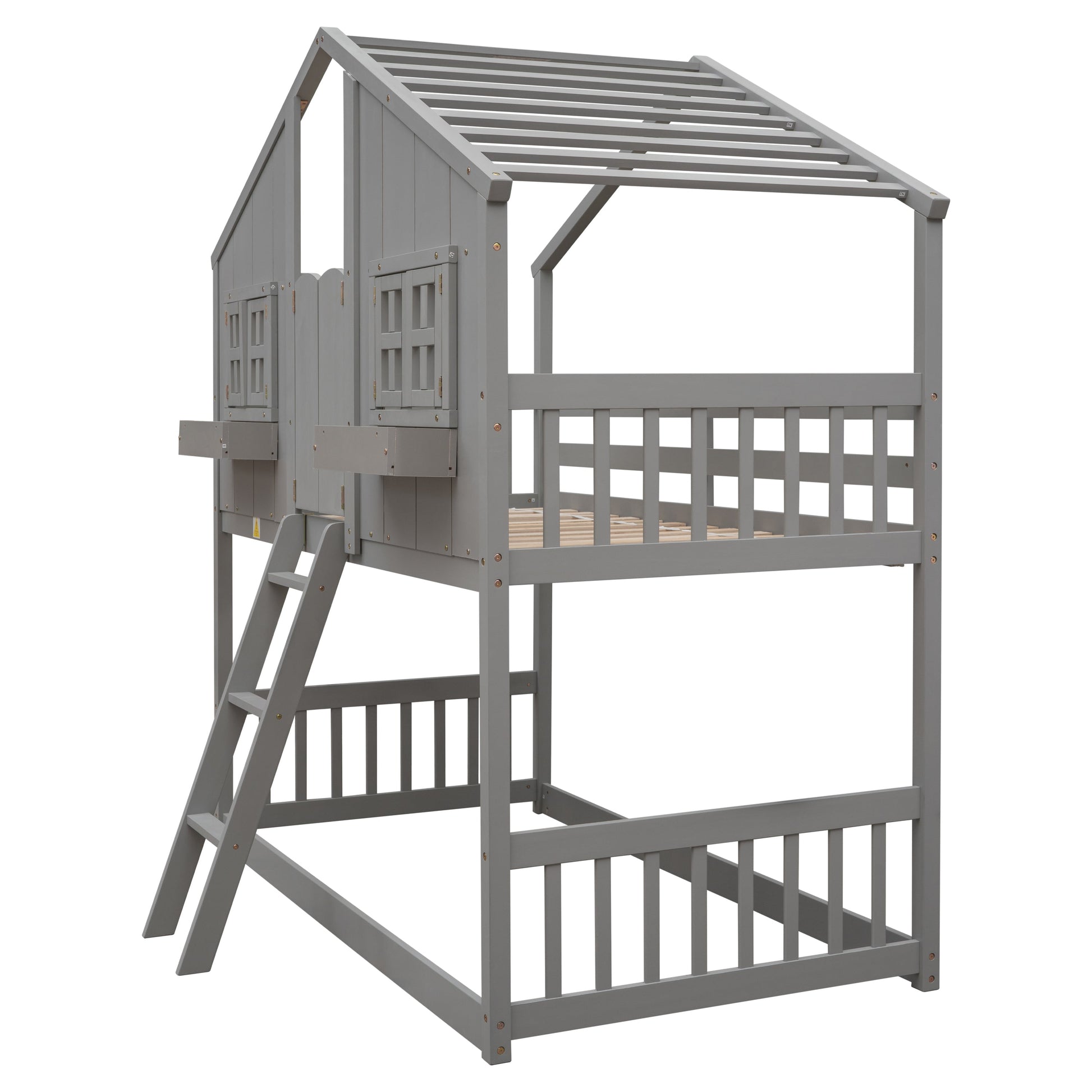 Twin over Twin House Bunk Bed with Roof , Window, Window Box, Door , with Safety Guardrails and Ladder, Grey - Korvel