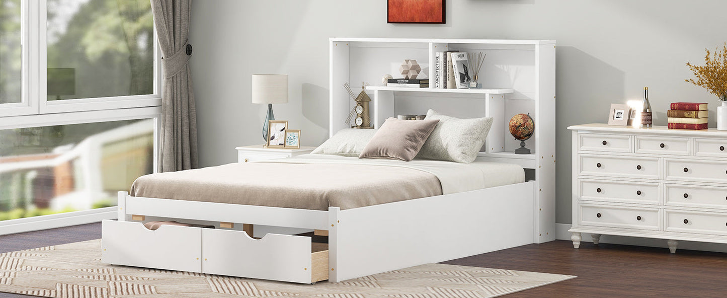 Full Size Platform Bed with Storage Headboard and 2 Drawers, White - Korvel