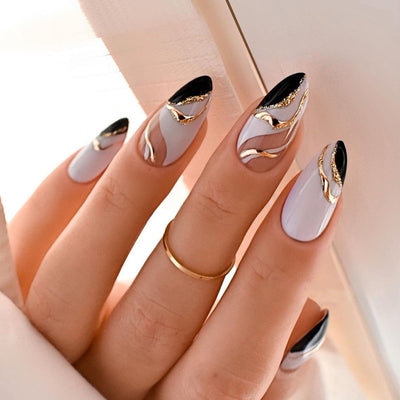 Almond-shaped French edge manicure, mandarin duck color gold corrugated fake nails finished product - Korvel