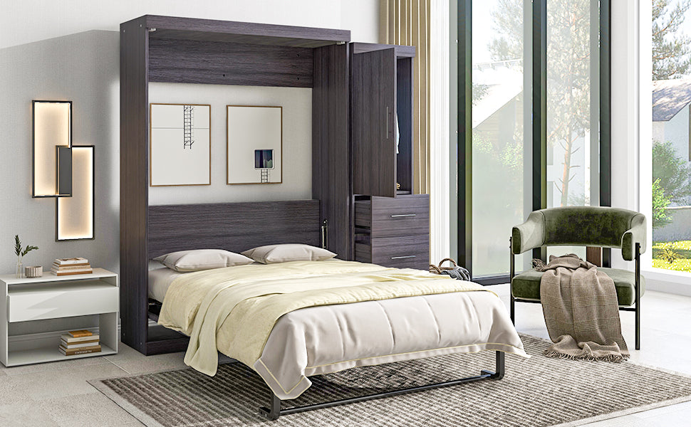 Full Size Gray Murphy Bed with Wardrobe and Drawers