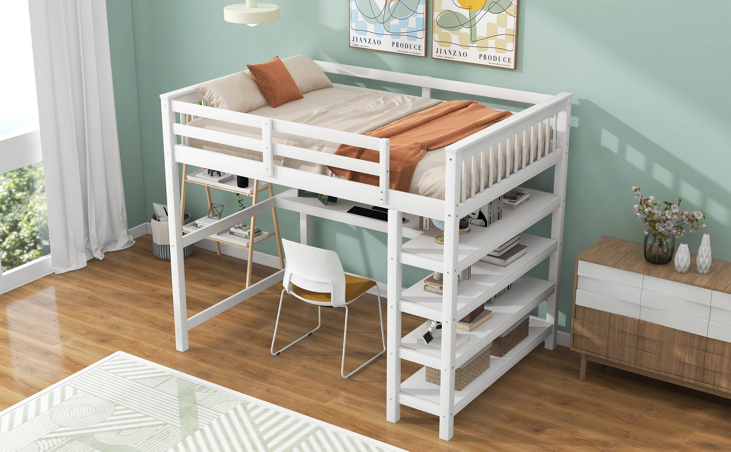 Full Size Loft Bed with Storage Shelves and Under-bed Desk  White - Korvel