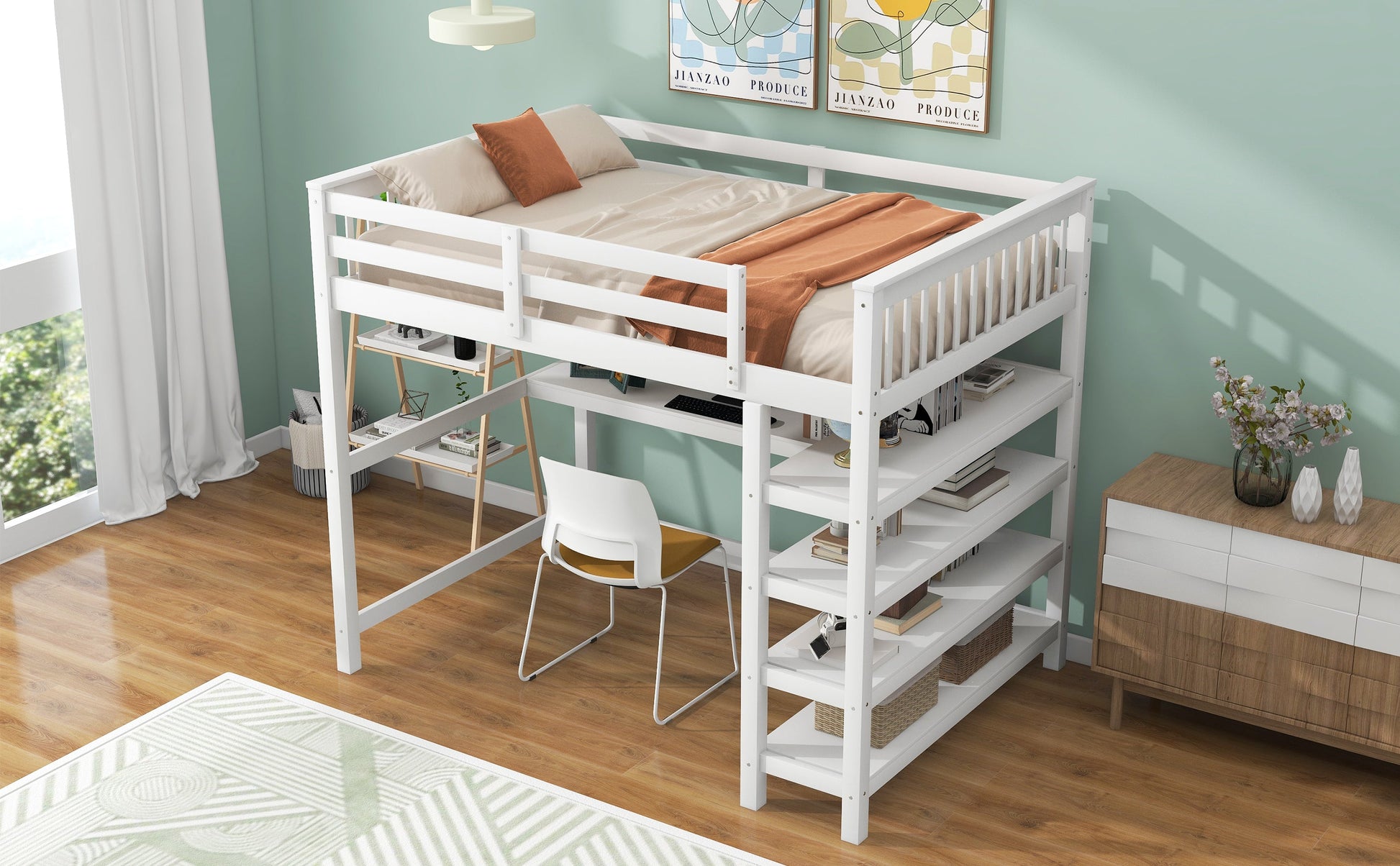 Full Size Loft Bed with Storage Shelves and Under-bed Desk  White - Korvel