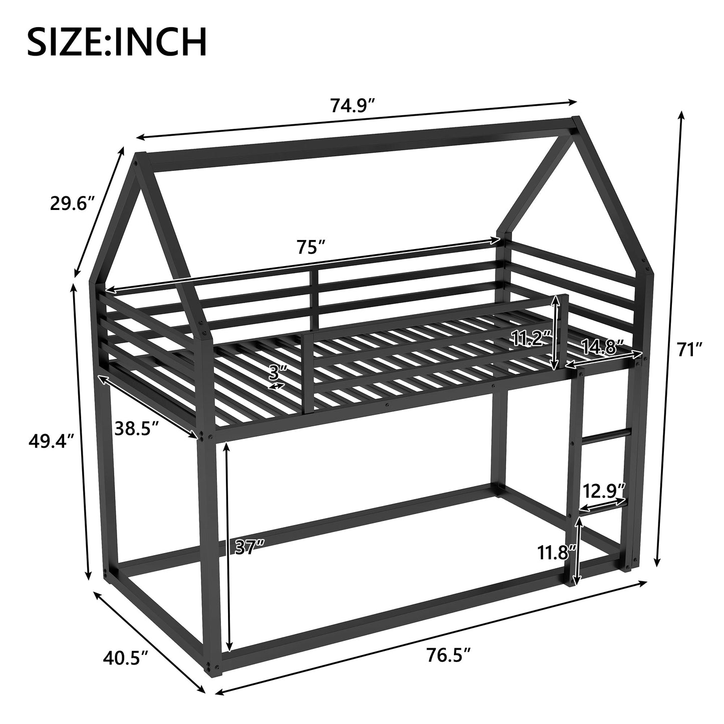 Twin over Twin House Bunk Bed with Built-in Ladder - Black