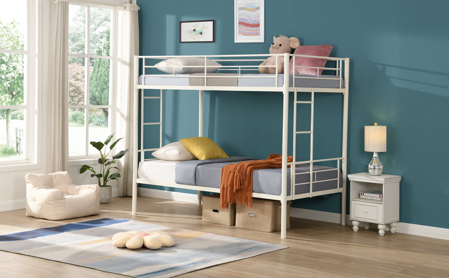 Twin metal bunk beds, metal structure bed frame with safety guardrails and 2 ladders, convertible bunk beds, white - Korvel
