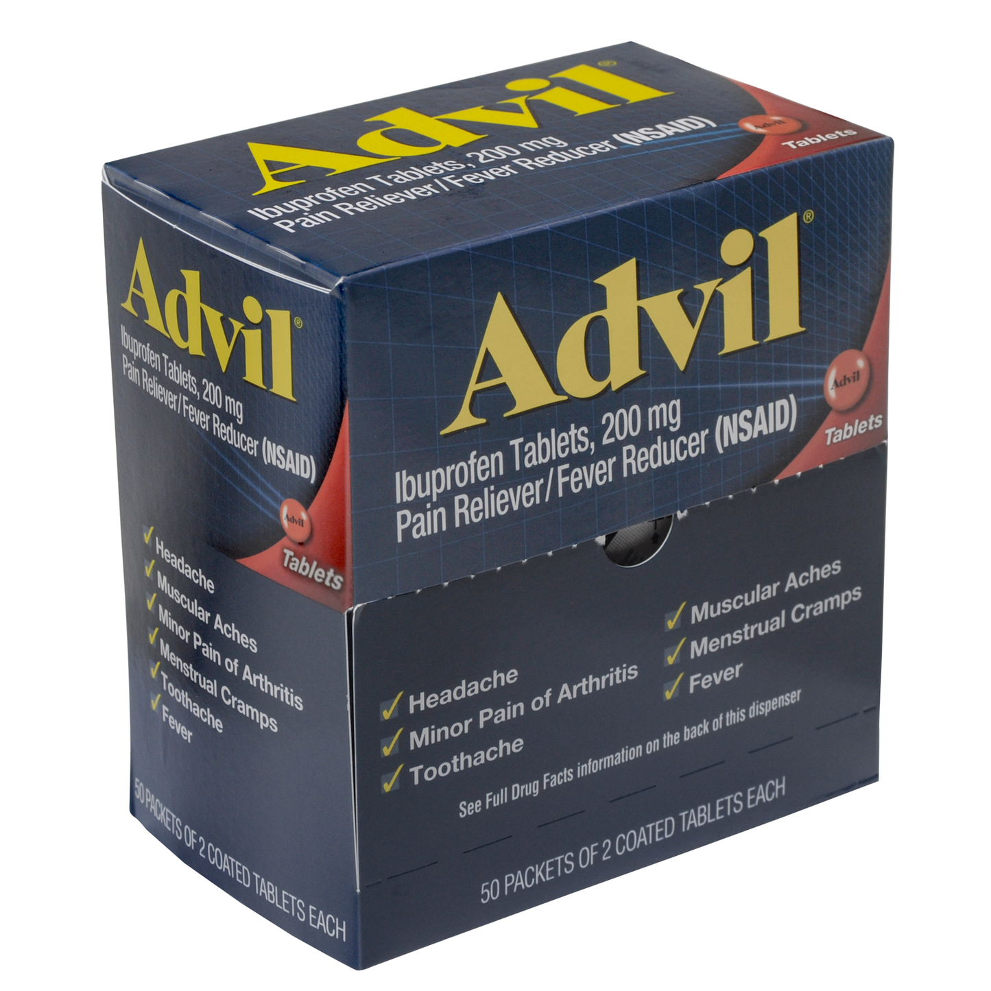 Tabletas de Ibuprofeno Advil - Paquete Doble, 50 Paquetes/Caja