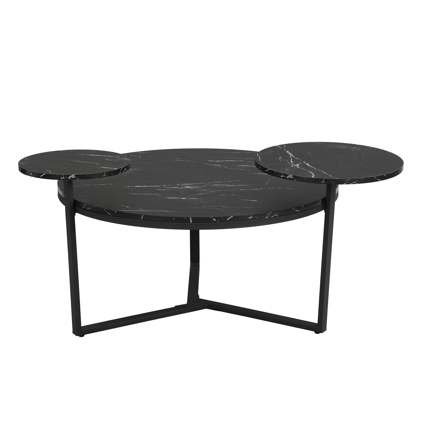 Modern coffee table with two display shelves, Black Faux marble surfaces, Tripod-inspired base,Rounded tabletop edges - Korvel