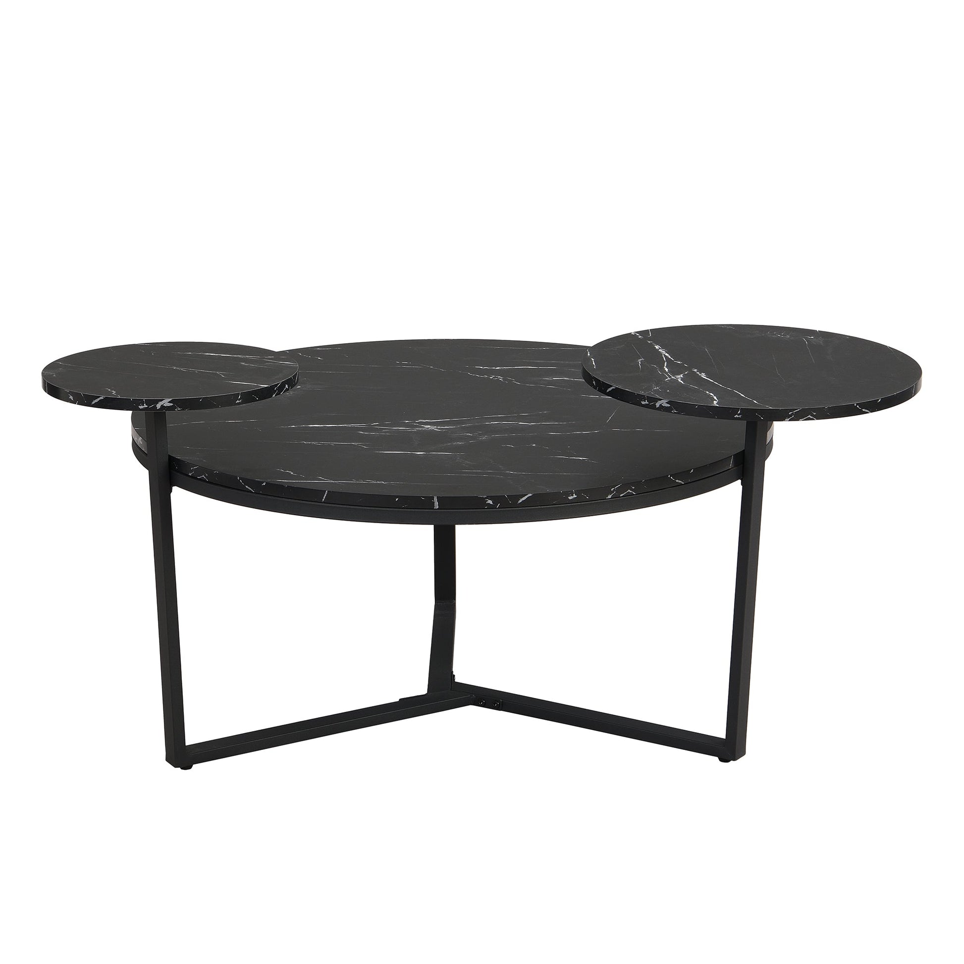 Modern coffee table with two display shelves, Black Faux marble surfaces, Tripod-inspired base,Rounded tabletop edges - Korvel