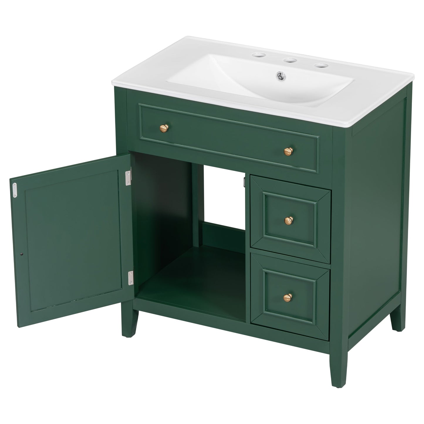Vanidad de baño verde de 30" con lavabo y almacenamiento