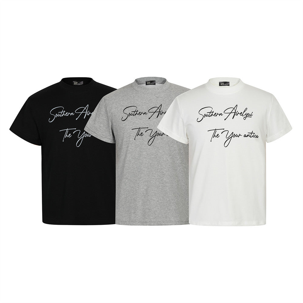 Handwritten English Letter Print Short Sleeve T-Shirt Men's Slim Fit Regular Shoulder Casual Round Neck Half Sleeve Top INS Trendy Tee - Korvel
