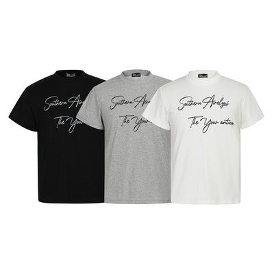 Handwritten English Letter Print Short Sleeve T-Shirt Men's Slim Fit Regular Shoulder Casual Round Neck Half Sleeve Top INS Trendy Tee - Korvel