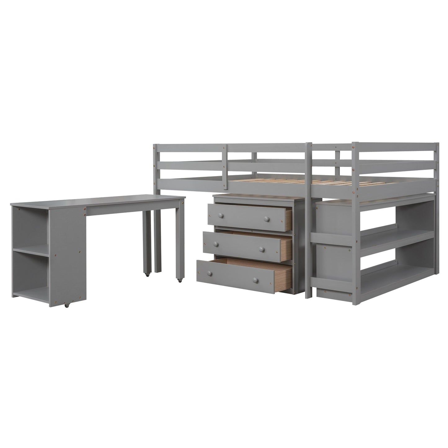 Low Study Full Loft Bed with Cabinet Shelves and Rolling Portable Desk Multiple Functions Bed- Gray - Korvel