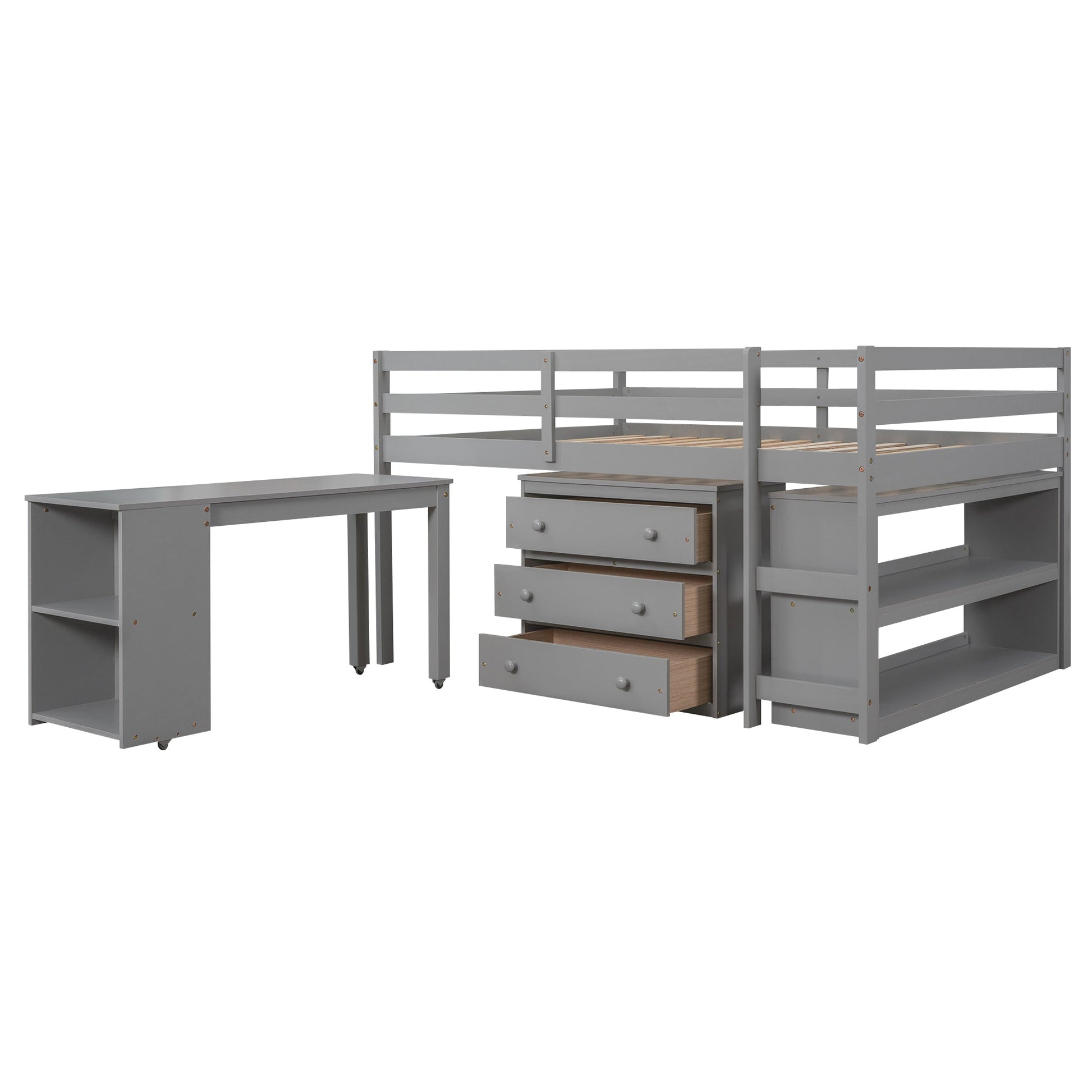 Low Study Full Loft Bed with Cabinet Shelves and Rolling Portable Desk Multiple Functions Bed- Gray - Korvel