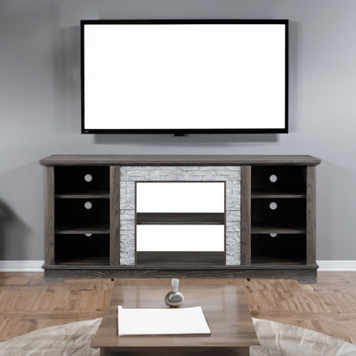 Mantel Stone modern entertainment console, manually stacked stone surrounds open storage space, gray - Korvel