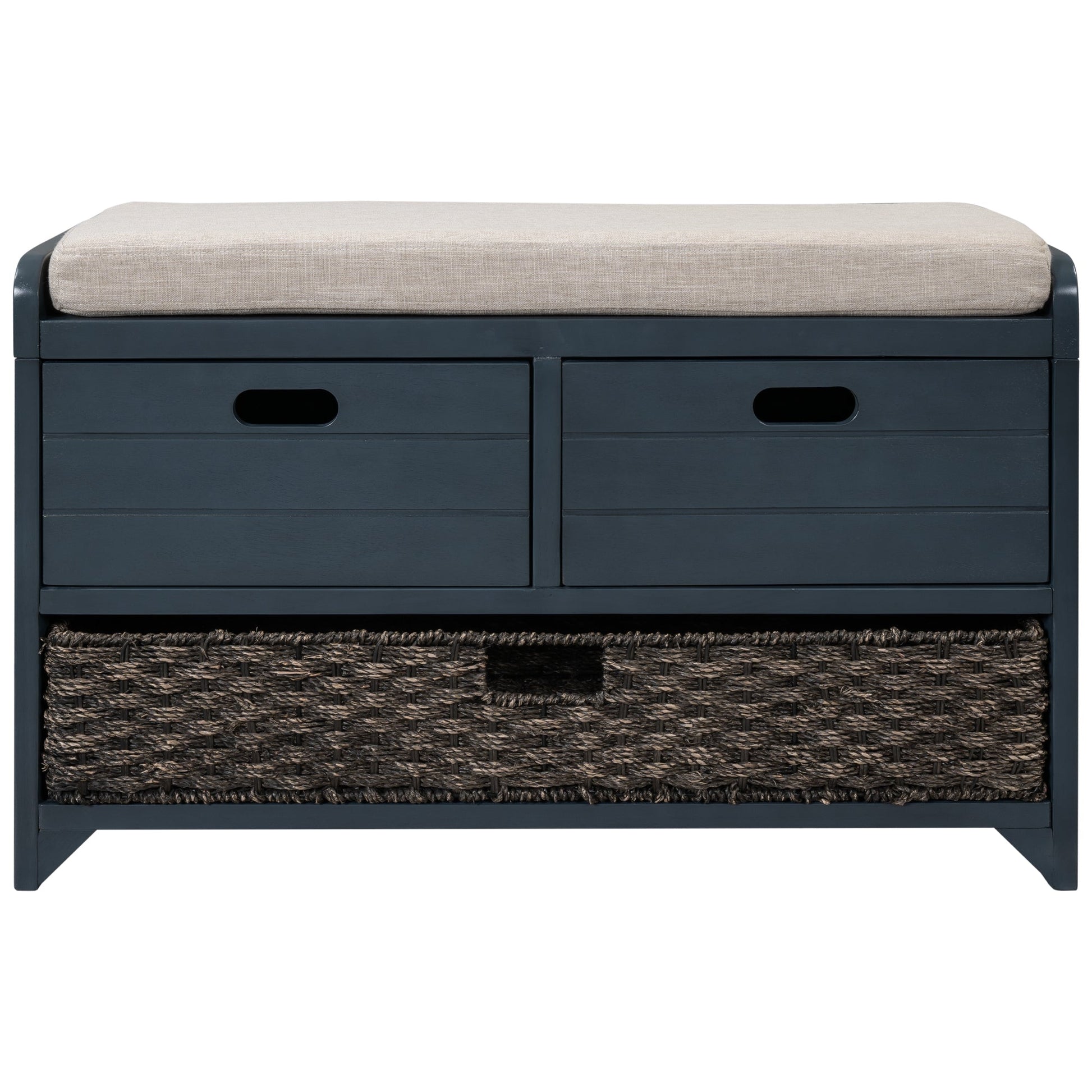 TREXM Storage Bench with Removable Basket and 2 Drawers, Fully Assembled Shoe Bench with Removable Cushion (Navy) - Korvel