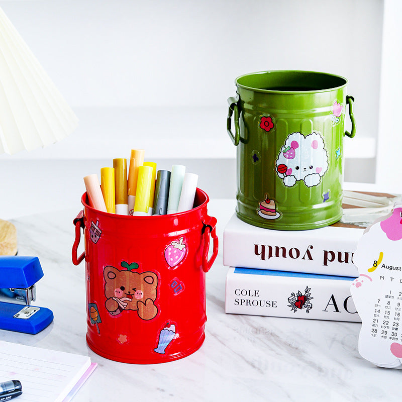 Cylindrical wrought iron pen holder DIY creative desktop storage bucket multifunctional stationery pen holder - Korvel