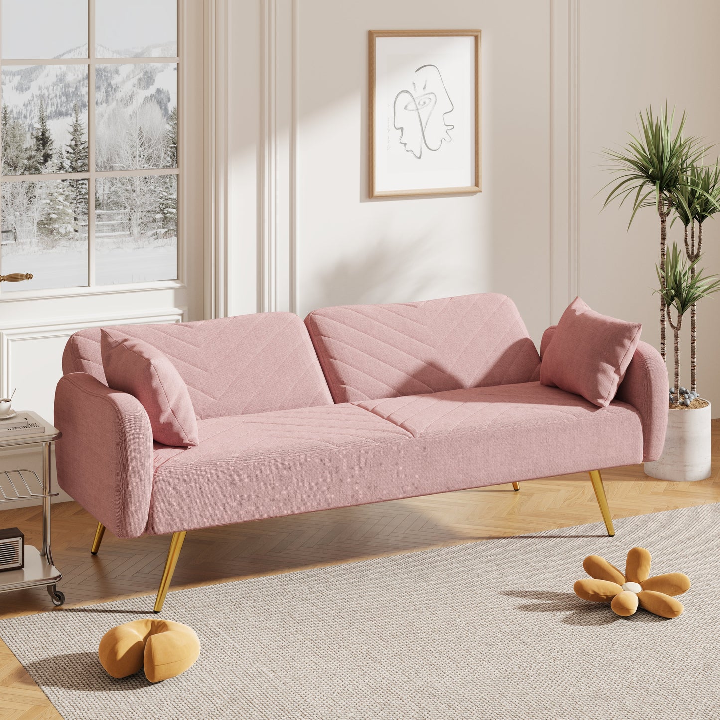 70.47" Pink Fabric Double Sofa with Split Backrest and Two Throw Pillows - Korvel