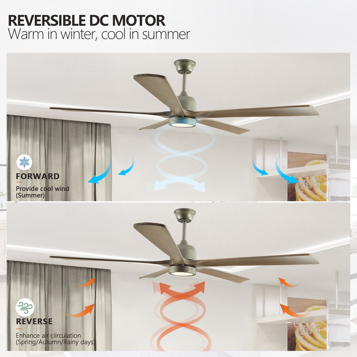 60 "modern wooden ceiling fan with lighting and remote control, 6-speed noiseless reversible DC motor ceiling fan - Korvel