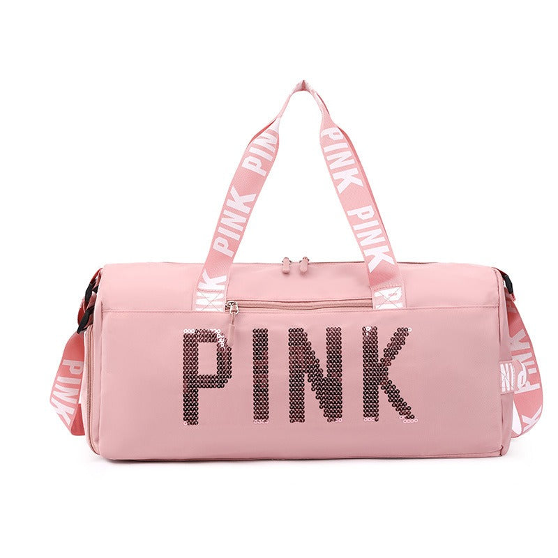 New fitness bag, shoe compartment, dry wet separation bag, sports travel bag, shiny pink letter single shoulder crossbody bag - Korvel