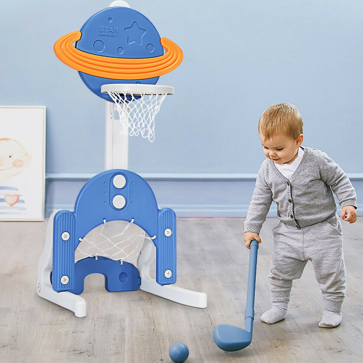 Juego de Baloncesto Ajustable 3 en 1 para Niños - Azul
