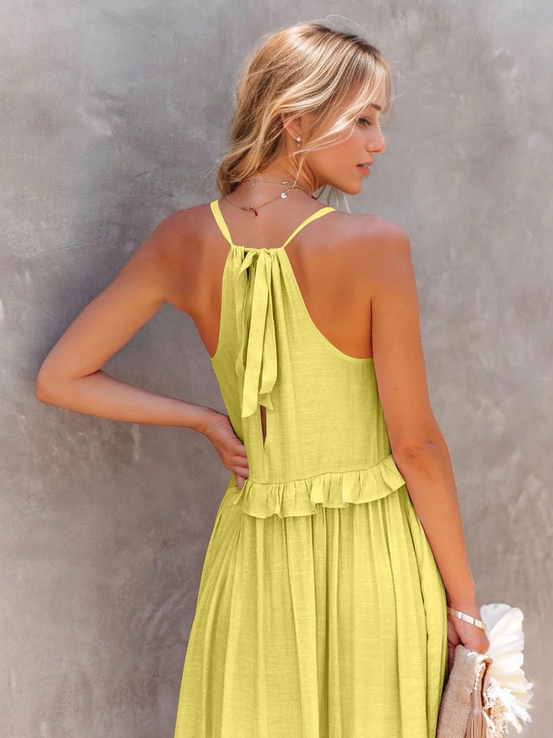 Elegant Ruffled Sleeveless Tiered Maxi Dress with Pockets