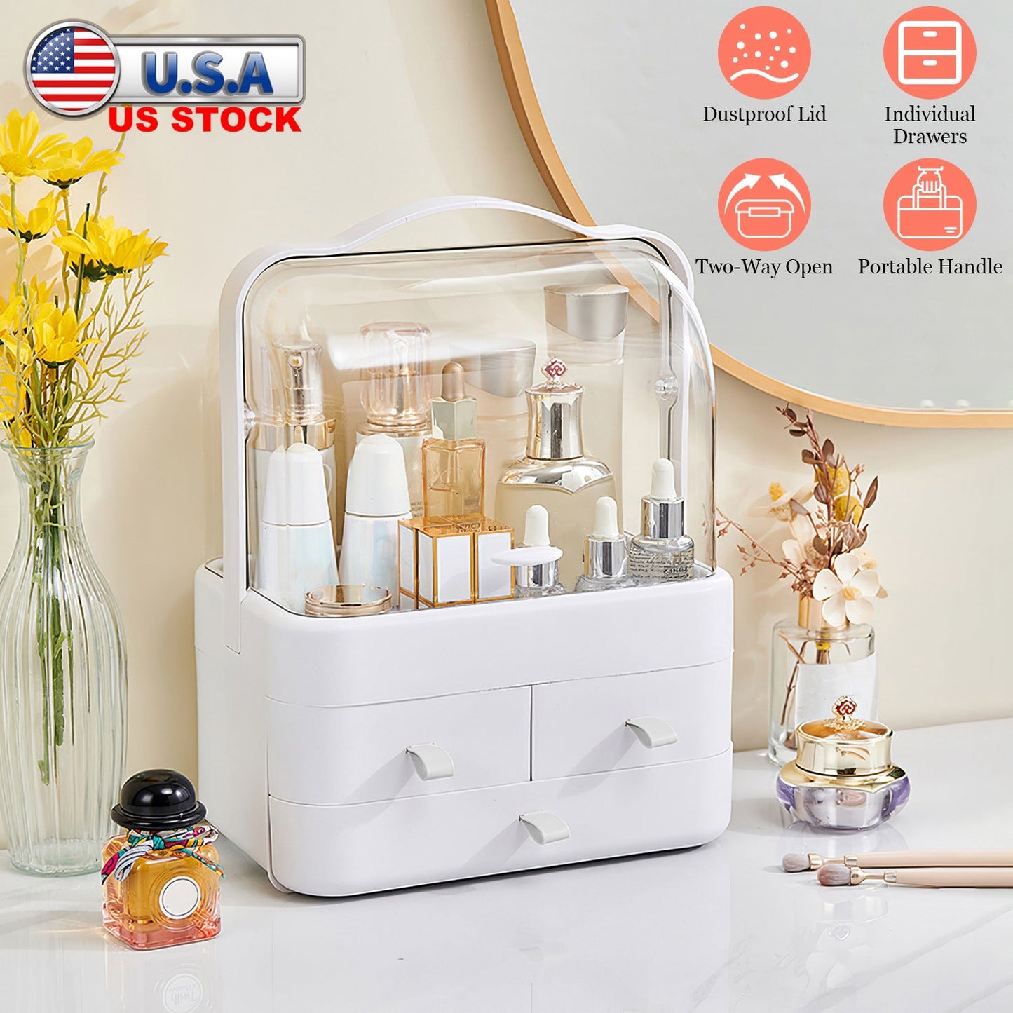 Organizador de Maquillaje de 3 Niveles con Tapa a Prueba de Polvo y Asa Portátil