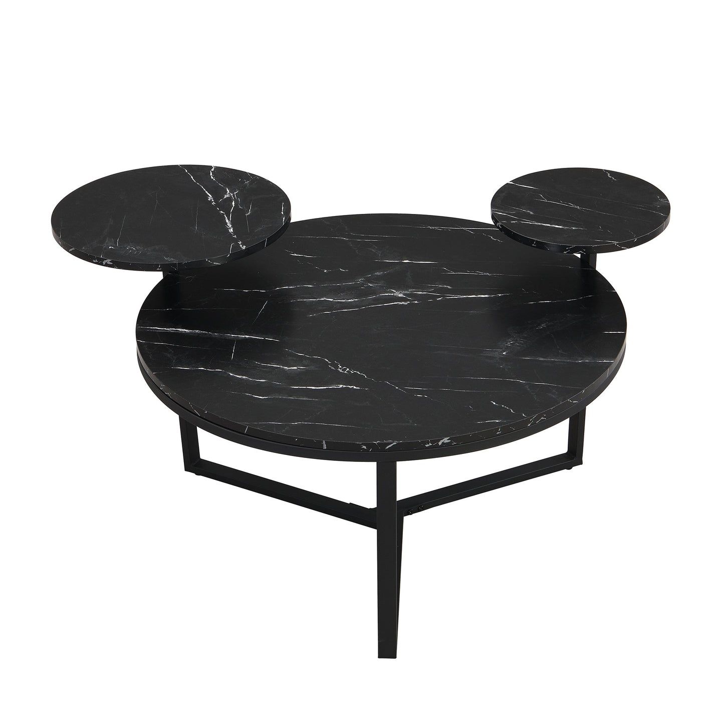 Modern coffee table with two display shelves, Black Faux marble surfaces, Tripod-inspired base,Rounded tabletop edges - Korvel