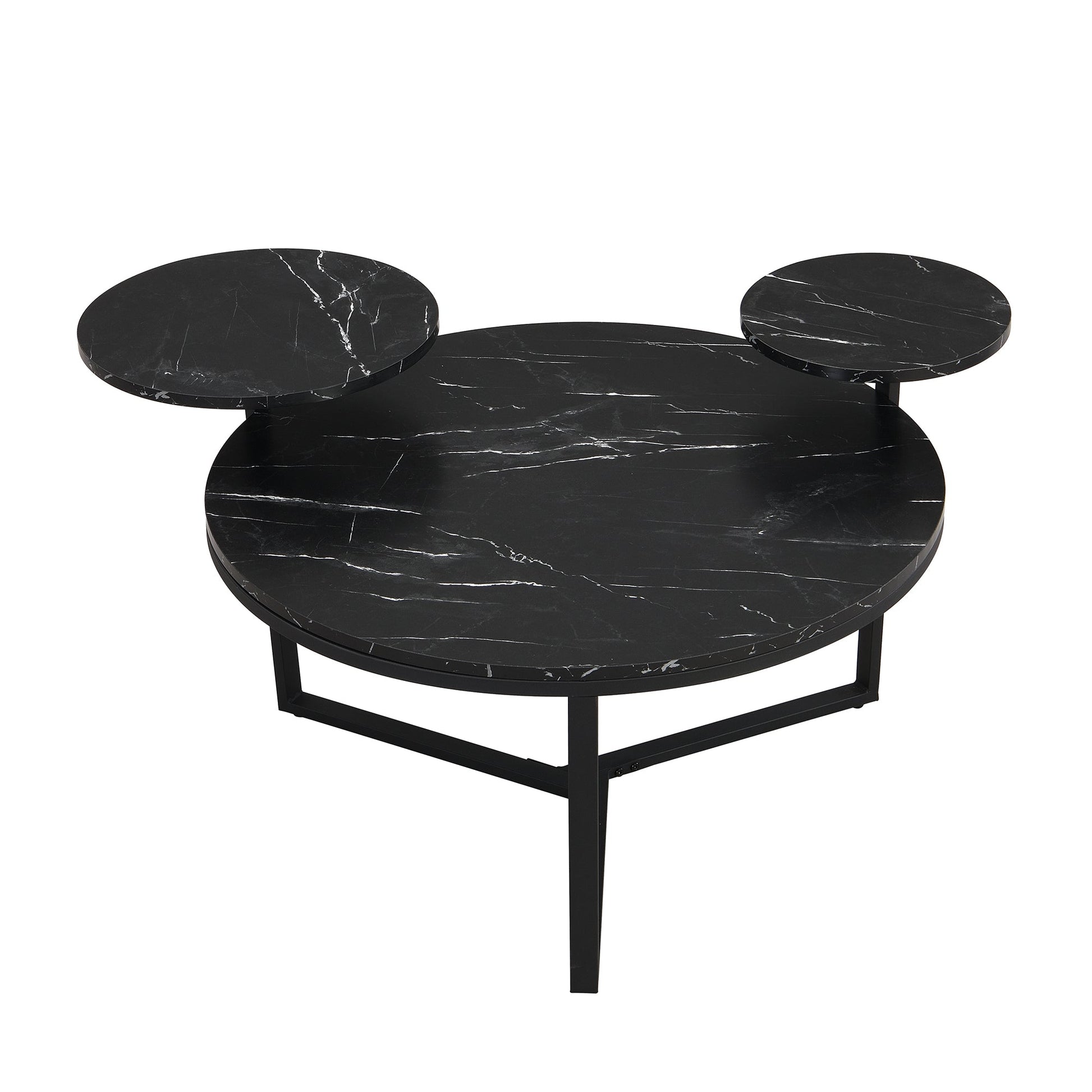 Modern coffee table with two display shelves, Black Faux marble surfaces, Tripod-inspired base,Rounded tabletop edges - Korvel