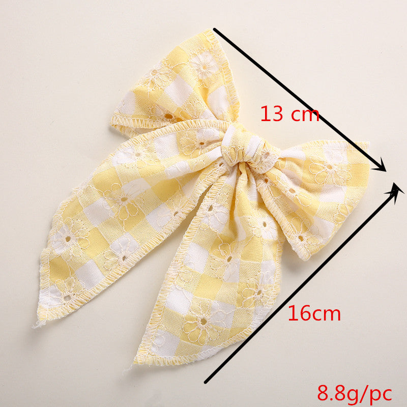 Children's Headwear Girl Plaid Cotton Embroidery Bow Hairpin Big Swallowtail Hairpin - Korvel