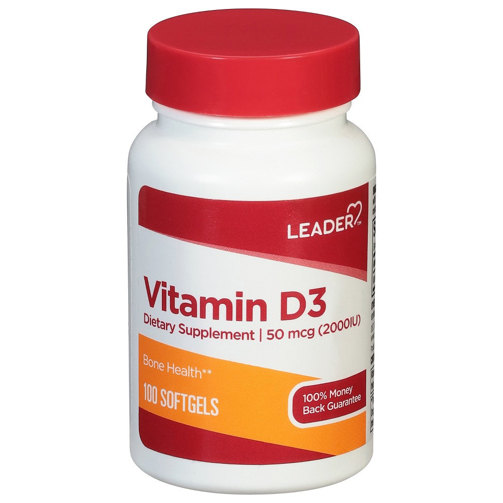 Leader 50 Mcg (2000 IU) Vitamin D3 Softgels - 100 Count