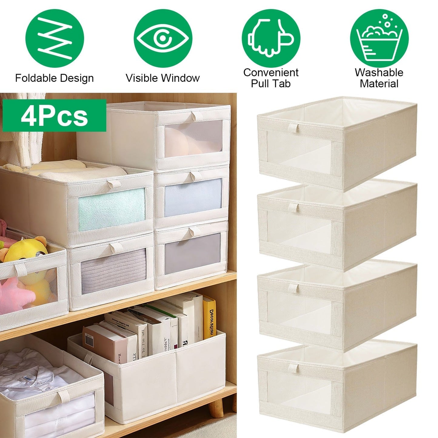 4-Piece Foldable Linen Storage Bins with Clear Window