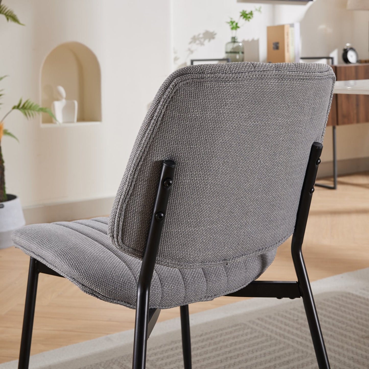 2-piece retro linen chair set with curved wooden backrest, cushioned seat, adjustable metal legs, (gray linen) - Korvel