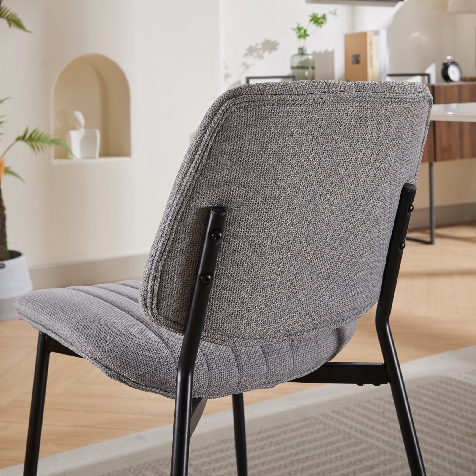 2-piece retro linen chair set with curved wooden backrest, cushioned seat, adjustable metal legs, (gray linen) - Korvel