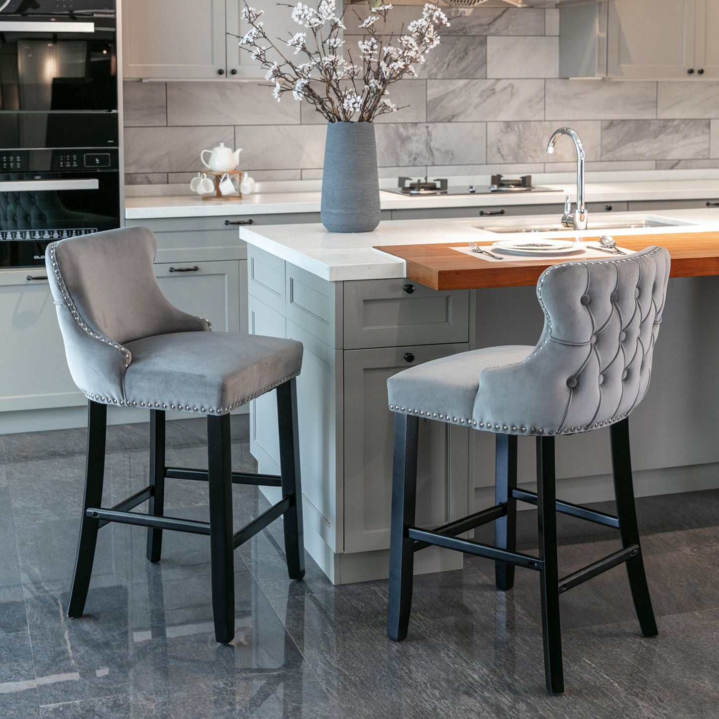 Conjunto de Taburetes de Barrotes de Terciopelo Contemporáneo - Gris