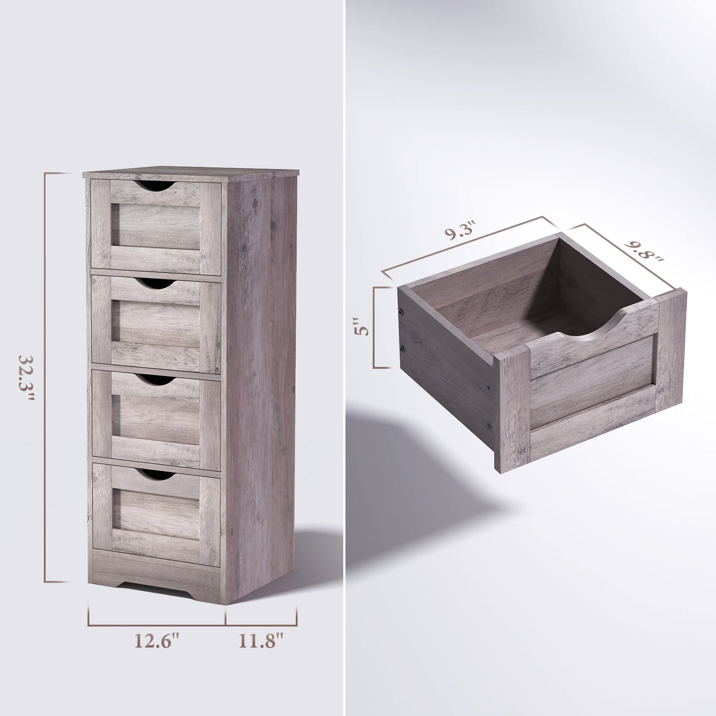 Floor Cabinet Wooden Storage Cabinet Home Office Living Room Bathroom Side Table Sturdy Modern 4 Drawers Grey - Korvel