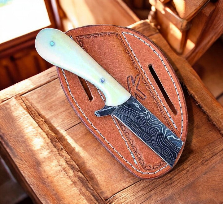 Artisan Bull Cutter Knife with Leather Sheath - Damascus Steel Precision - Korvel