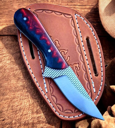 Custom Ranch Cowboy Knife with Unique Bloodline Resin Handle & Leather Sheath – 8" Rasp Steel Blade - Korvel